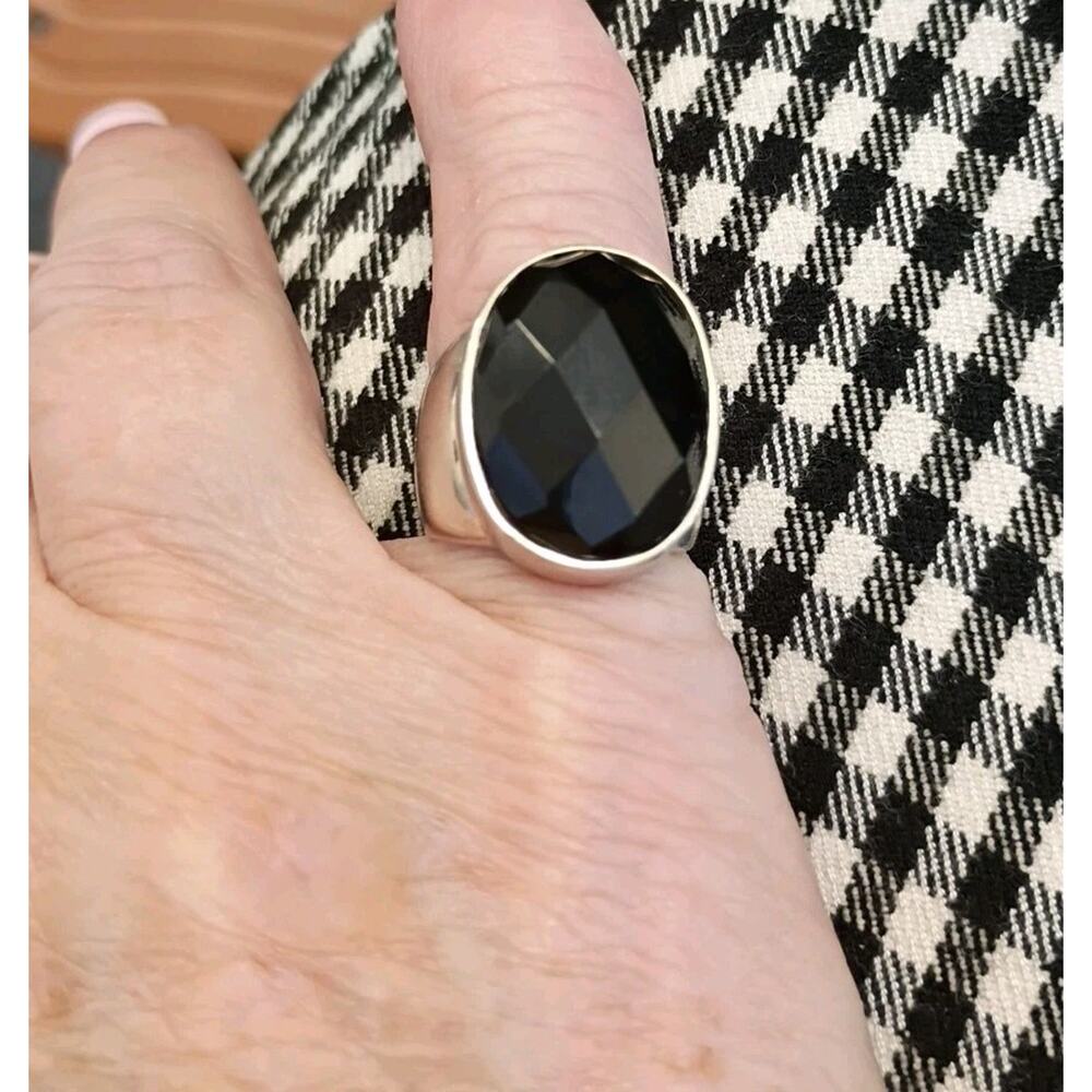 Sterling Silver 925 20X14mm Faceted Onyx Statement Ring Size 5 Wide Band 9.3Gr